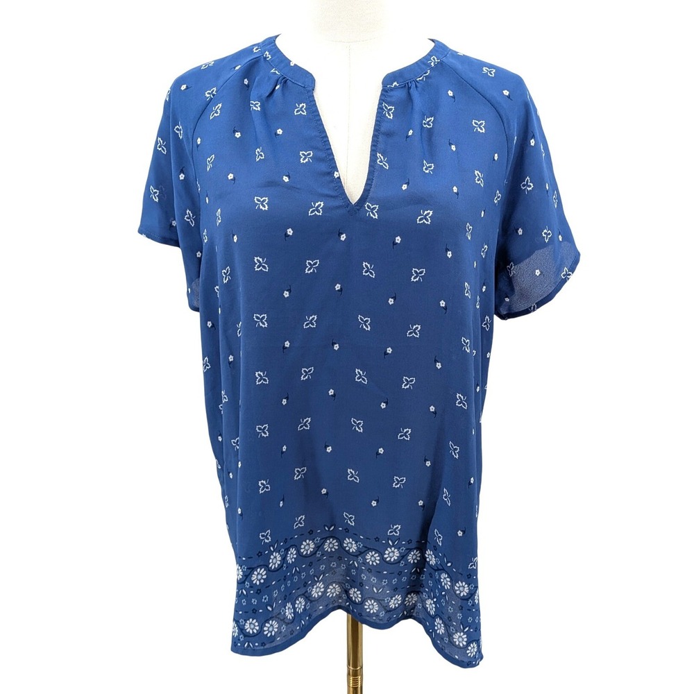 Butterfly Floral Blouse Blue Chiffon Split Neck Border Print Old Navy Size M